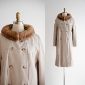 beige wool coat 50s 60s vintage mink fur collar heavy warm overcoat